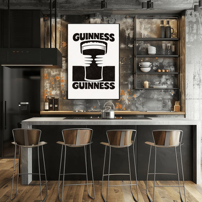 A vertical black and white minimalist graphic. Two white hands hold a central pint of Guinness from both sides. The word "GUINNESS" appears in bold black text both at the top and the bottom of the cream-colored background.