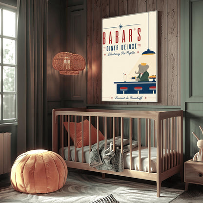 A minimalist graphic vintage-style poster on a solid cream background titled "BABAR'S DINER DELUXE - Blueberry Pie Nights" in bold red and blue typography. At the bottom right, the cartoon elephant King Babar wears a green suit and gold crown behind a dark blue counter. A single blue hanging lamp projects a sharp triangle of yellow light over him as he holds a plate with a slice of blueberry pie. On the counter sit three red-topped stools, a vintage milkshake, and a whole pie on a stand.