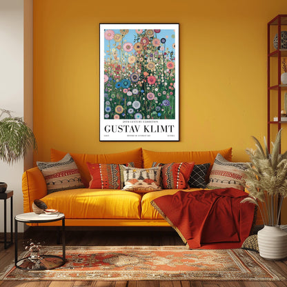 A vertical museum exhibition poster in the style of Gustav Klimt. A dense field of colorful, stylized wildflowers in pink, blue, and orange reaches upward toward a light blue sky filled with golden orbs. Each flower is detailed with mosaic patterns and gold leaf. Bold black text at the bottom reads "GUSTAV KLIMT" and "HISTORY OF AUSTRIAN ART."