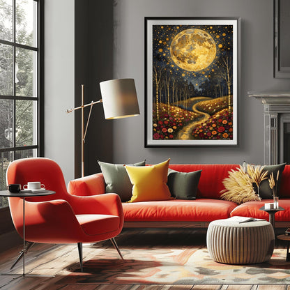 A vertical fine art painting in the style of Gustav Klimt. A massive, textured golden moon fills the upper half of a dark, starlit sky. Below, a winding golden path leads through a lush field of colorful wildflowers including pink, red, and white blooms. Slender birch trees with gold accents frame the meadow. The style is highly decorative with mosaic patterns and shimmering light effects.