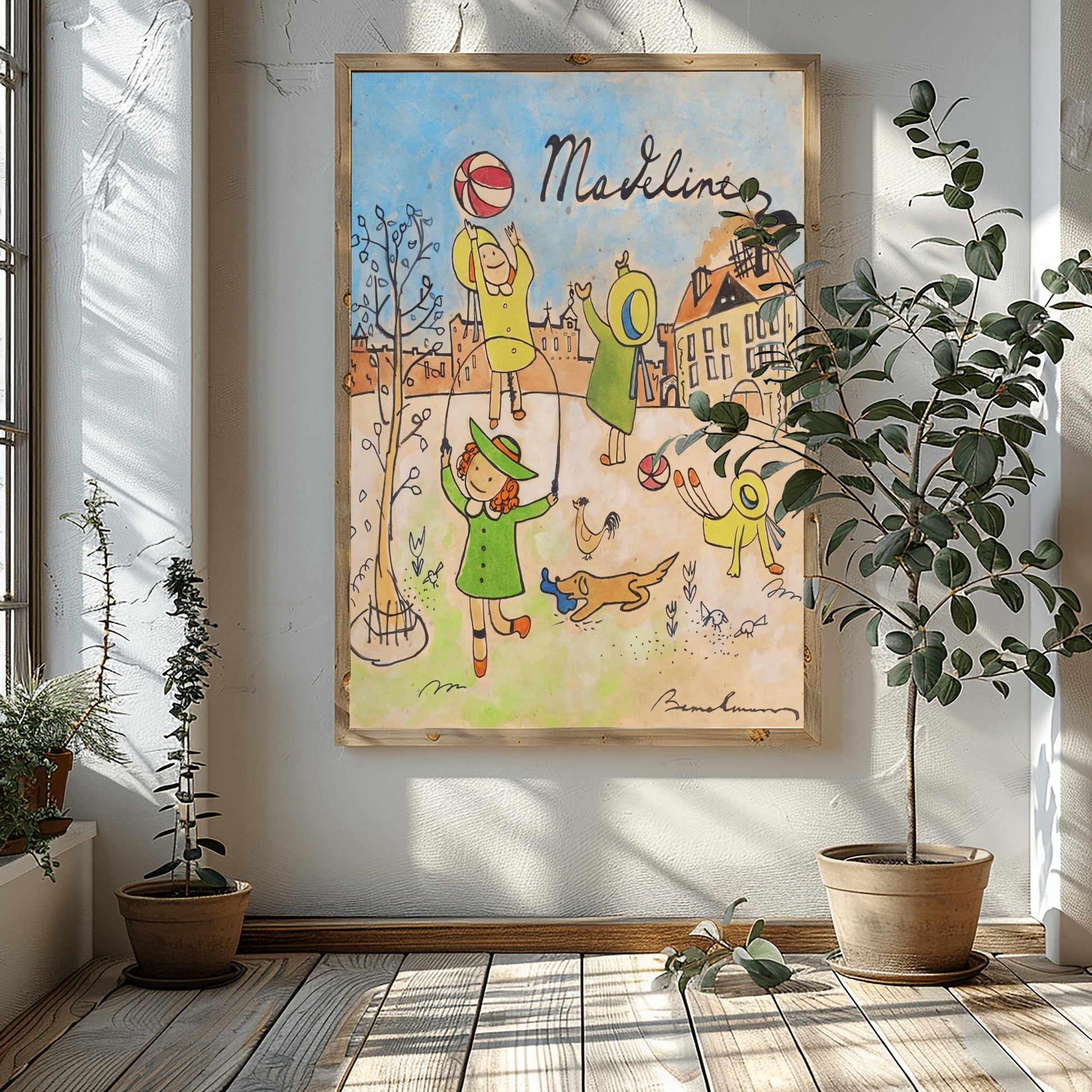 A vertical fine art exhibition poster featuring a vintage book cover style illustration of Madeline by Ludwig Bemelmans, set against a wide white gallery border. On a warm, aged parchment background with a blue sky, children in yellow hats are shown jumping rope, throwing a ball, and doing a handstand alongside a small dog. The name "Madeline" is written in elegant black script at the top.