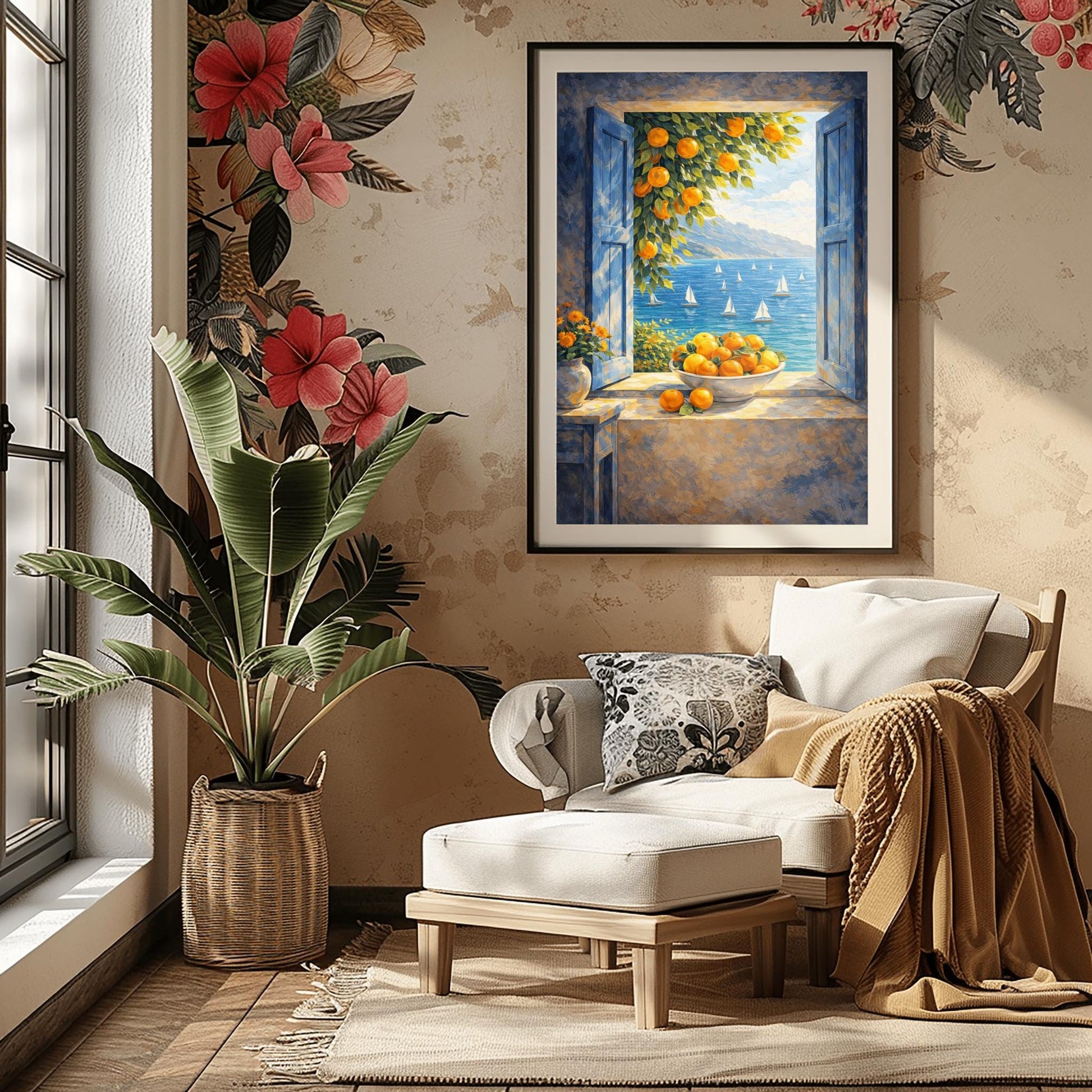 A vertical painterly illustration of an open window with blue shutters looking out at a sea with many sailboats. On the windowsill sits a large bowl overflowing with oranges. A branch with oranges hangs from the top, and a vase of yellow flowers is on a table to the left.