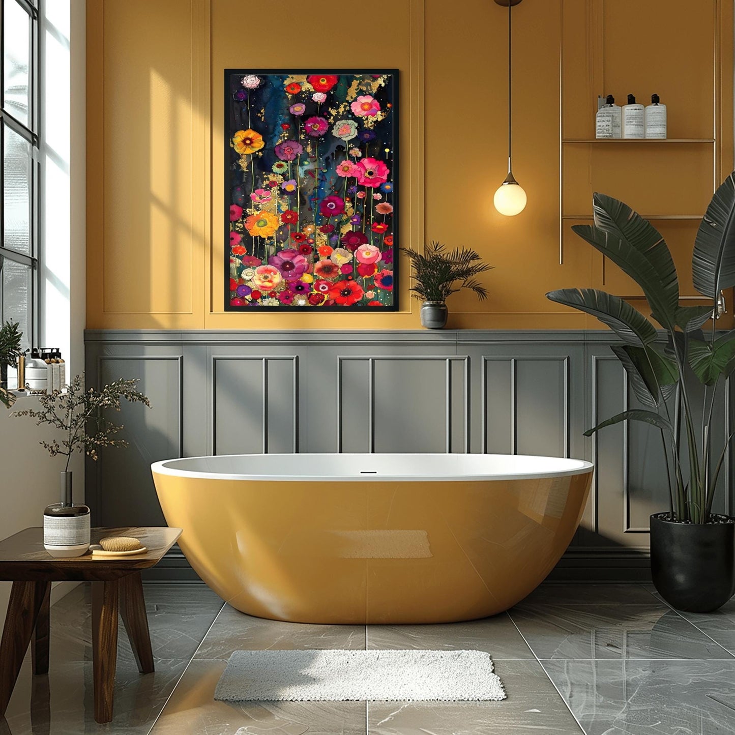 A vertical, highly detailed painting in the style of Gustav Klimt. A dense field of vibrant wildflowers in red, pink, orange, and purple grows against a dark indigo and black background. Shimmering gold-leaf patterns and "rain" effects are woven throughout the flowers. The style is rich in texture with a mosaic-like quality and heavy gold accents.