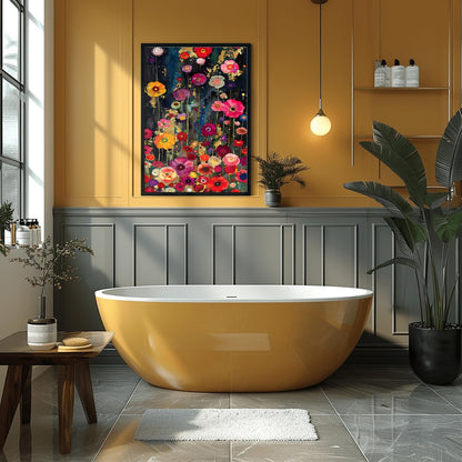A vertical, highly detailed painting in the style of Gustav Klimt. A dense field of vibrant wildflowers in red, pink, orange, and purple grows against a dark indigo and black background. Shimmering gold-leaf patterns and "rain" effects are woven throughout the flowers. The style is rich in texture with a mosaic-like quality and heavy gold accents.