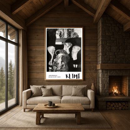 A vertical museum exhibition poster featuring a black and white version of Gustav Klimt's 1907 painting "Jurisprudence." A central male figure is surrounded by an ornate, tentacled creature and ethereal female figures. The bottom border is white with bold black text reading "JURISPRUDENCE" and "KLIMT."