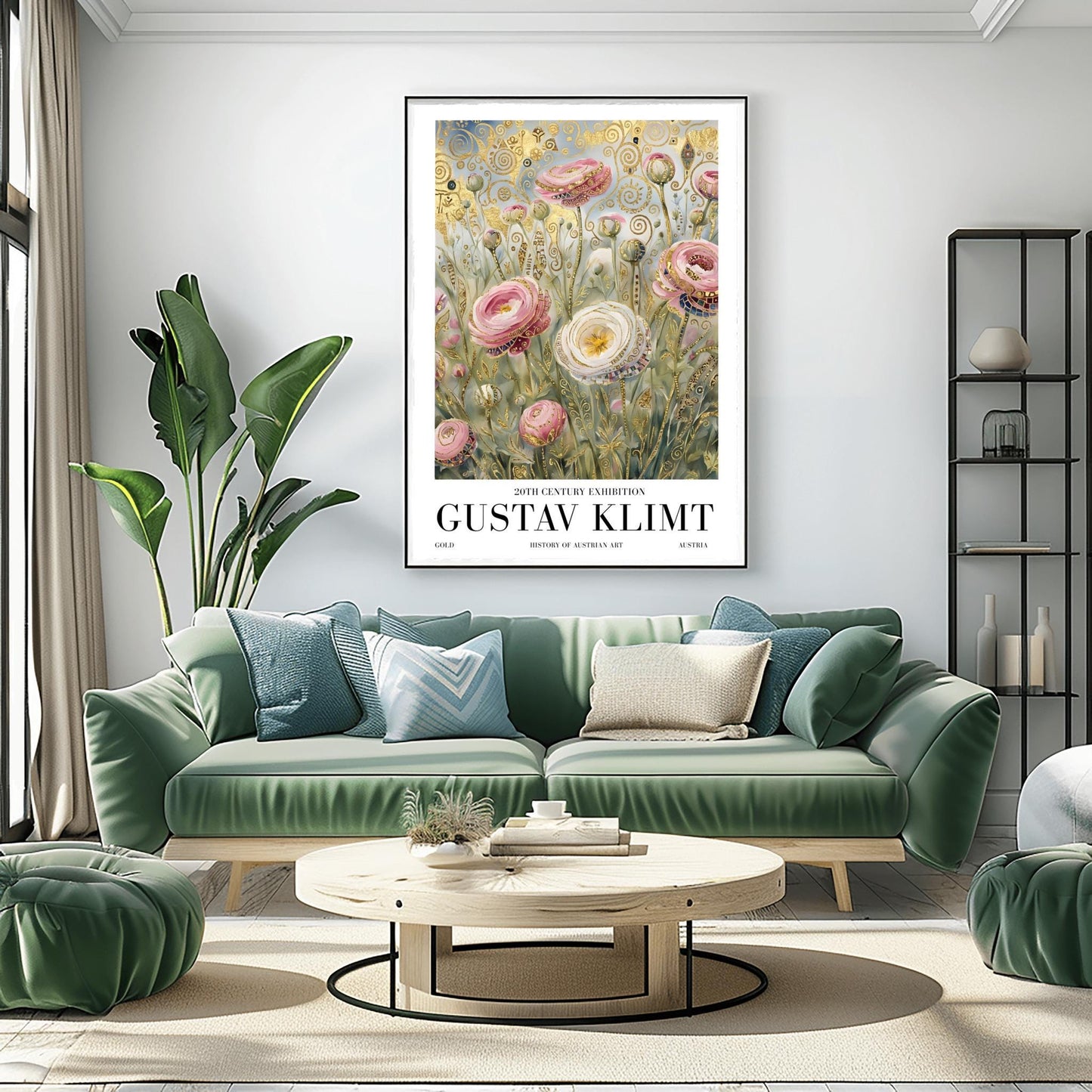 A vertical museum exhibition poster in the style of Gustav Klimt. Large pink and white roses with golden edges grow in a field. The background is filled with ornate gold leaf spirals and geometric patterns against a soft light-blue sky. Bold black text at the bottom reads "GUSTAV KLIMT" and "BOTANICAL EXCELLENCE."
