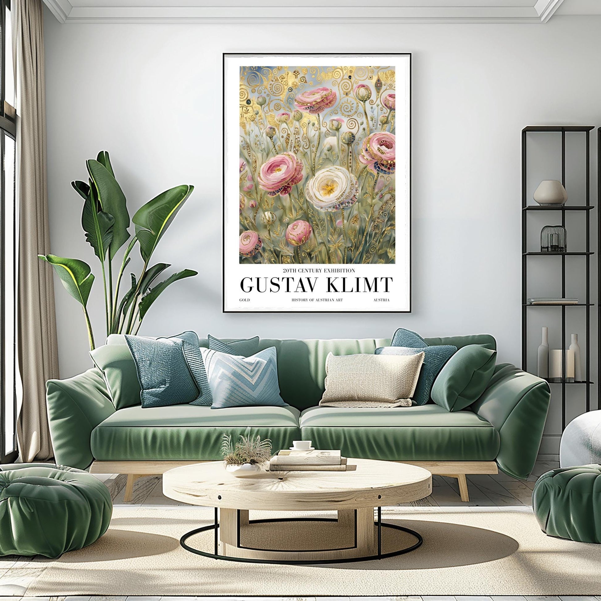 A vertical museum exhibition poster in the style of Gustav Klimt. Large pink and white roses with golden edges grow in a field. The background is filled with ornate gold leaf spirals and geometric patterns against a soft light-blue sky. Bold black text at the bottom reads "GUSTAV KLIMT" and "BOTANICAL EXCELLENCE."