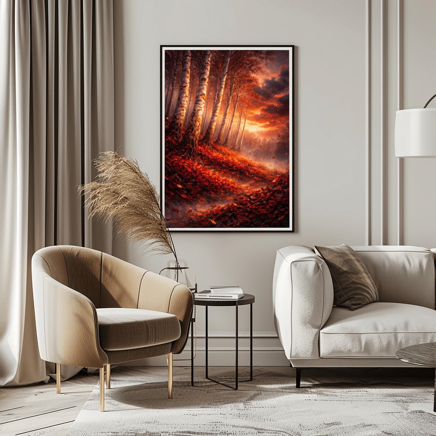 A vertical Art Nouveau illustration of a birch forest in autumn. Towering birch trees lean diagonally over a forest floor covered in a thick carpet of red and rust-colored leaves. A bright sun glows on the horizon through a dark, cloudy sky, scattering golden light and leaves through the air.