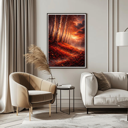 A vertical Art Nouveau illustration of a birch forest in autumn. Towering birch trees lean diagonally over a forest floor covered in a thick carpet of red and rust-colored leaves. A bright sun glows on the horizon through a dark, cloudy sky, scattering golden light and leaves through the air.