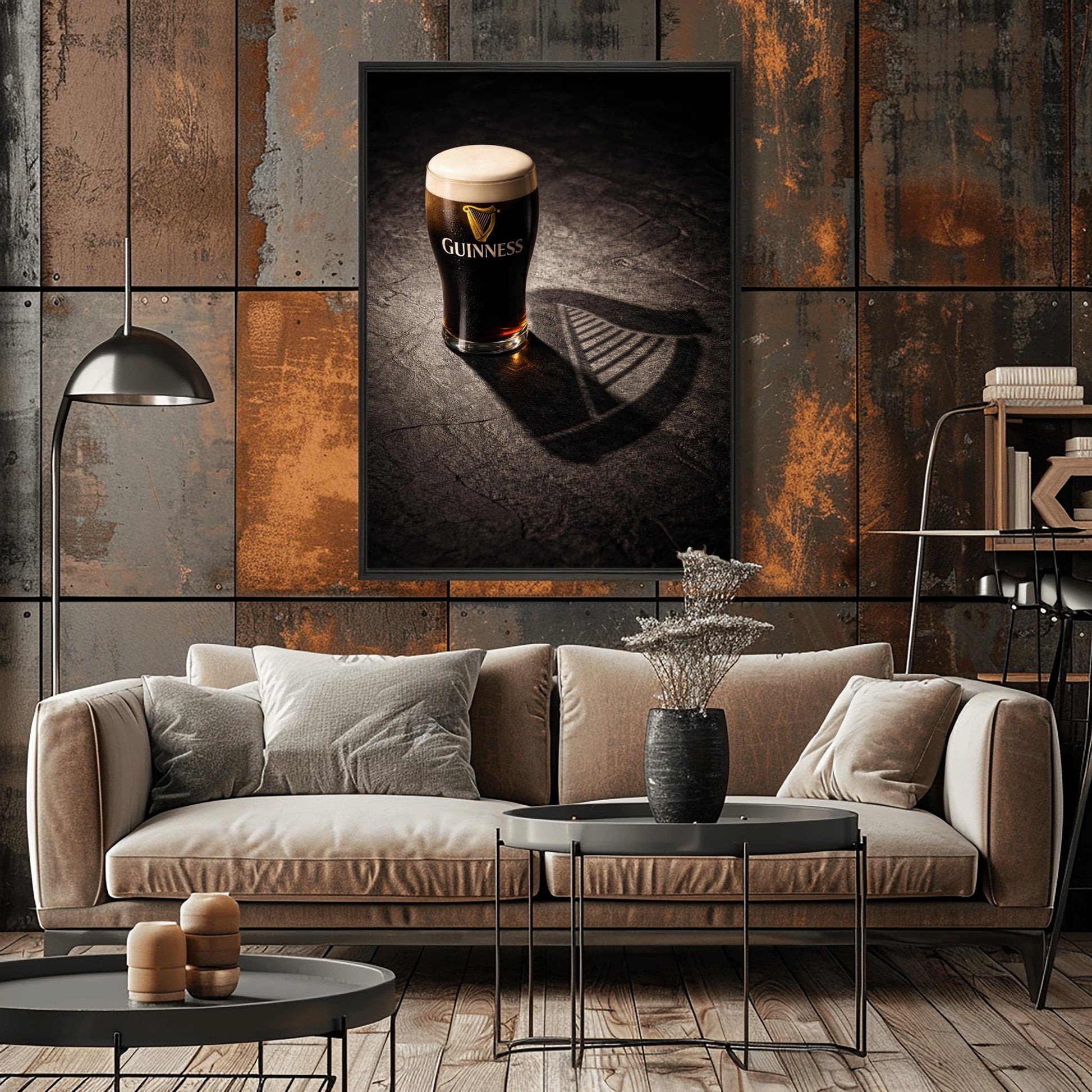 A vertical hyper-realistic photograph of a pint of Guinness on a dark stone surface. A bright light from the side casts a long shadow of the glass that clearly forms the shape of a Celtic harp. The stone is textured and dark, with the glass as the bright focal point.