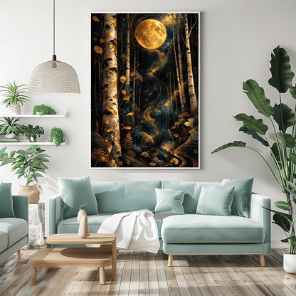 A vertical, highly detailed Art Nouveau illustration in the style of Gustav Klimt. A large, ornate golden moon with swirling patterns hangs in a dark navy forest. The foreground is filled with stylized golden wildflowers and ferns, and a ribbon of golden stardust winds through patterned birch trees.