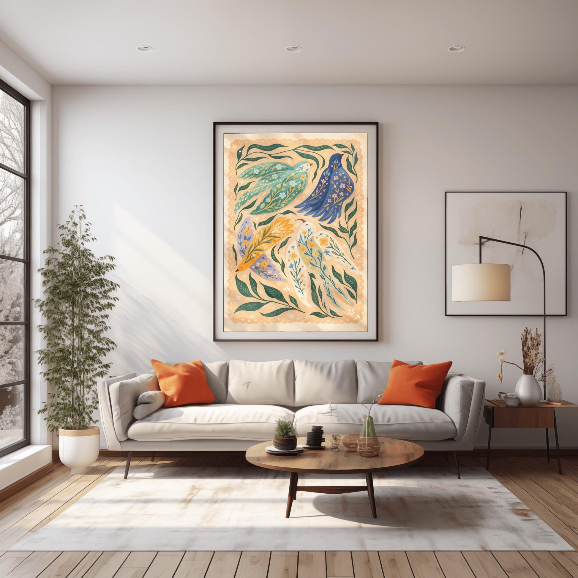 A vertical folk-art style illustration of three stylized birds perched on a dark brown branch. The birds have different colored bodies in teal, orange, and light blue, decorated with white circles and stripes. They are surrounded by swirling blue vines, orange flowers with geometric centers, and small green and yellow leaves. The background is a textured off-white, and the entire image has a rhythmic, handcrafted feel.