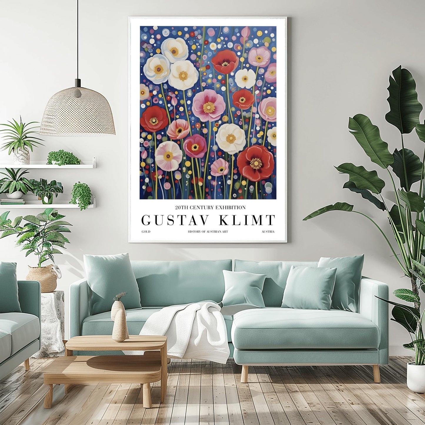A vertical exhibition-style poster featuring a field of poppies in the style of Gustav Klimt. Large white, red, and pink flowers bloom on slender green stems against a dark navy background filled with shimmering gold and cream mosaic dots. The bottom margin features elegant typography reading "GUSTAV KLIMT" and "20TH CENTURY EXHIBITION."
