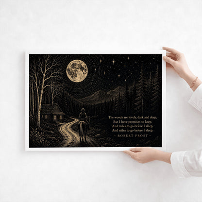A wide horizontal art print with gold linework on a black background. A man on a horse rides toward a small cabin with lighted windows. The path is flanked by birch and pine trees, leading toward a background of mountains. A large, detailed moon and several bright stars fill the sky. On the right side, the final lines of Robert Frost’s poem "Stopping by Woods on a Snowy Evening" are printed in gold serif typography.
