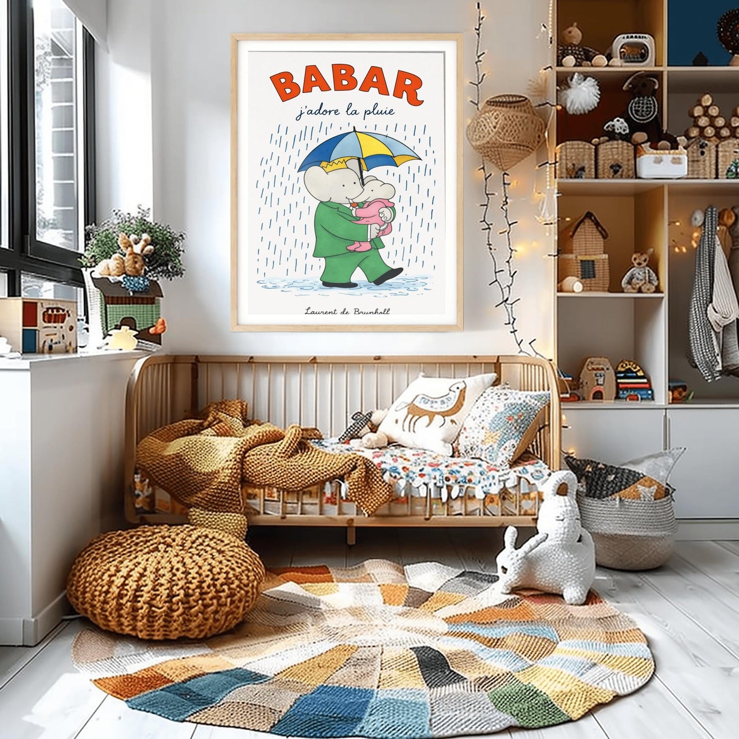 A vertical children's illustration poster titled "BABAR: j'adore la pluie" in orange and blue. King Babar, in a green suit and crown, is walking through the rain while holding a blue and yellow striped umbrella. He is carrying a small elephant wearing a pink rainsuit. They are walking through light blue puddles on a white background. The name "Laurent de Brunhoff" is at the bottom.
