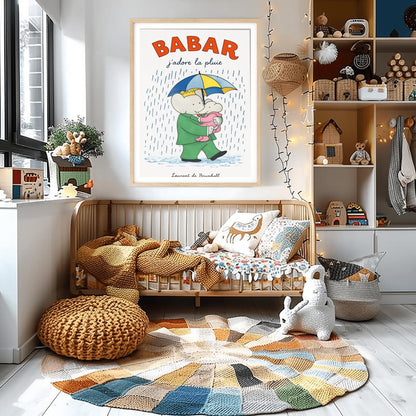 A vertical children's illustration poster titled "BABAR: j'adore la pluie" in orange and blue. King Babar, in a green suit and crown, is walking through the rain while holding a blue and yellow striped umbrella. He is carrying a small elephant wearing a pink rainsuit. They are walking through light blue puddles on a white background. The name "Laurent de Brunhoff" is at the bottom.