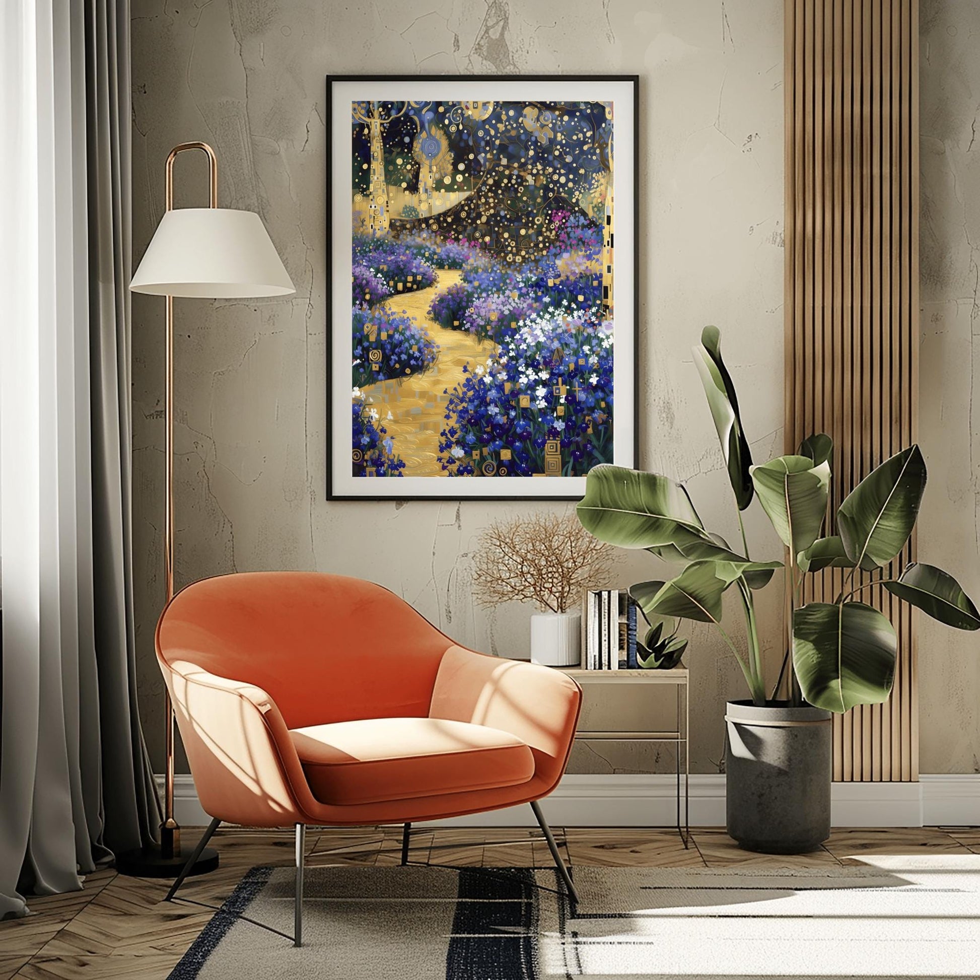 A vertical fine art print in the style of Gustav Klimt. A winding, textured golden path leads through a garden of blue and purple flowers. Stylized trees with golden mosaic patterns on their trunks stand on the sides under a dark blue sky filled with golden circles and star-like shapes.