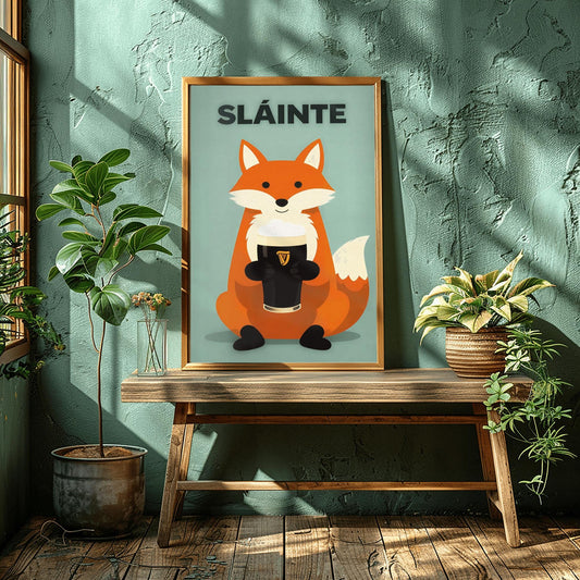 A vertical modern illustration of a cute orange fox sitting and holding a pint of Guinness with both paws. The word "SLÁINTE" is written in bold gray letters at the top. The background is a soft, textured mint green.