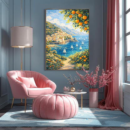 A vertical painterly illustration of a Mediterranean village built into a steep mountainside overlooking a blue sea with many white sailboats. Branches with oranges frame the top and bottom right. A flowered path in the foreground leads toward the water under a bright sky.