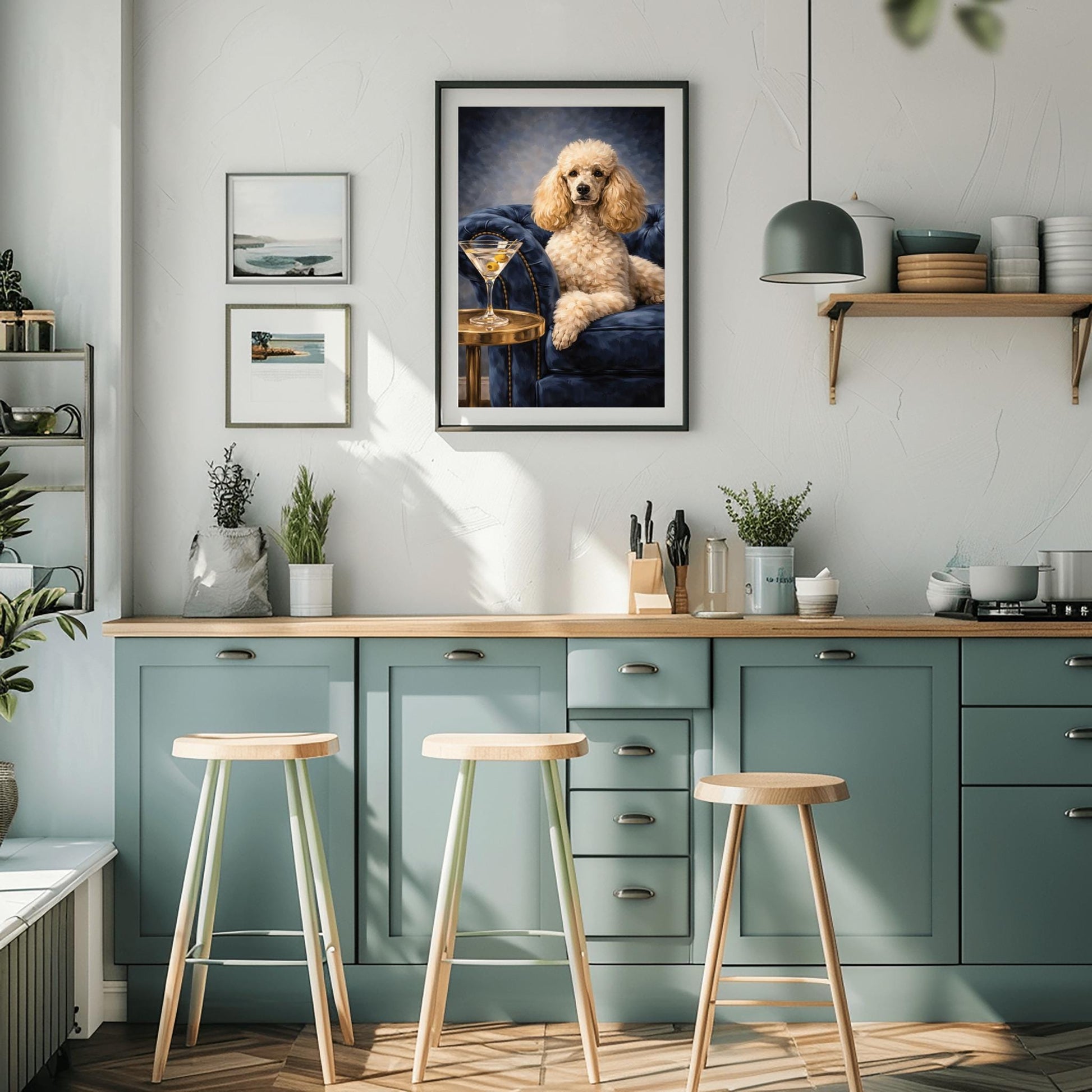 A vertical oil-style painting of a well-groomed white poodle sitting regally on a plush, dark blue velvet tufted armchair. To the left, a glass martini with two green olives on a toothpick sits on a round gold side table. The poodle has a calm, sophisticated expression. The background is a moody, dark grey-blue with visible painterly textures.