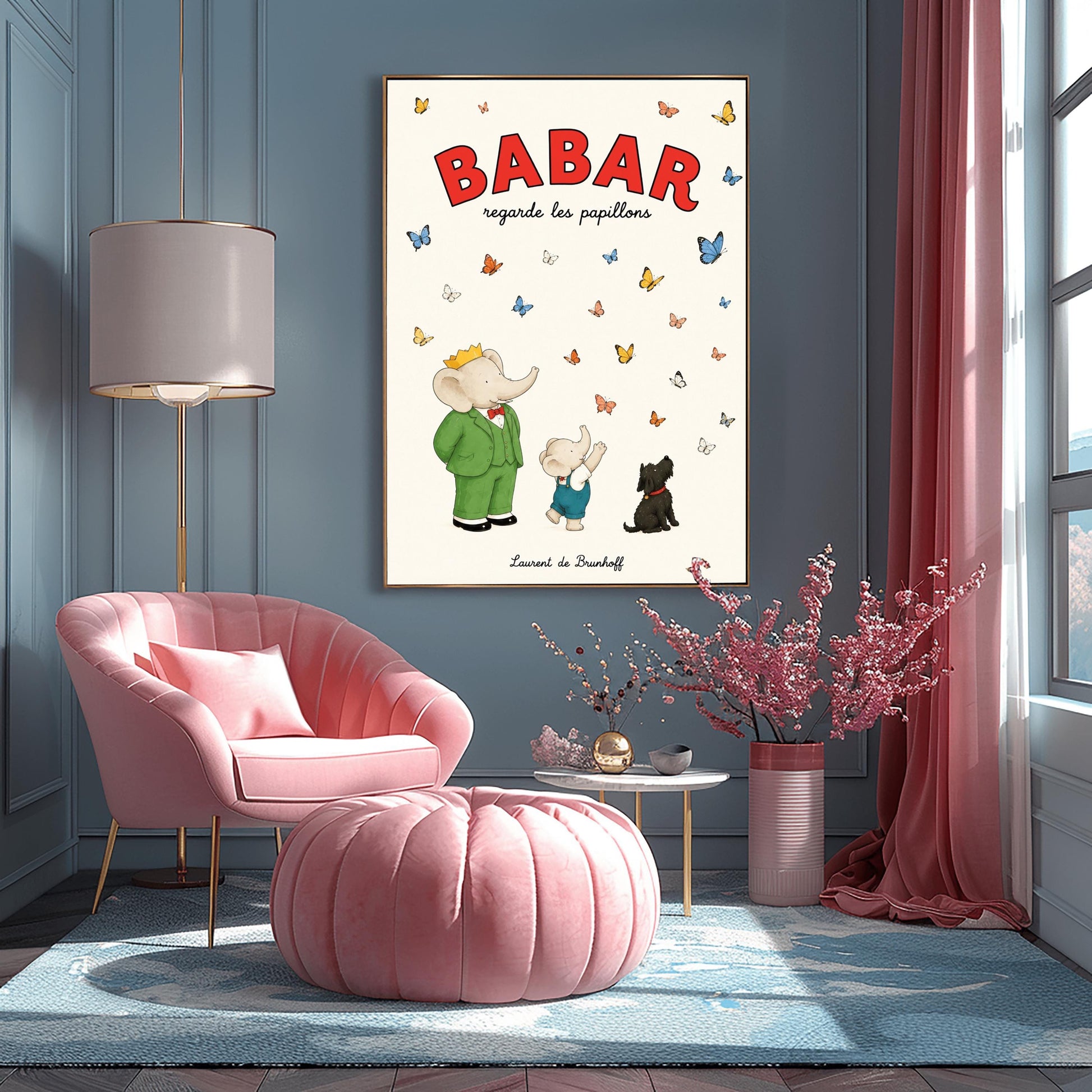 A vertical retro fine art exhibition poster titled "BABAR regarde les papillons" on a wide cream border. The top "BABAR" text is printed in a bold red font. The illustration shows an elephant wearing a crown and green suit standing next to a smaller elephant reaching up toward a sky filled with dozens of colorful blue, yellow, orange, and white butterflies. A small black dog sits patiently on the ground looking up at them. The name "Laurent de Brunhoff" anchors the bottom.