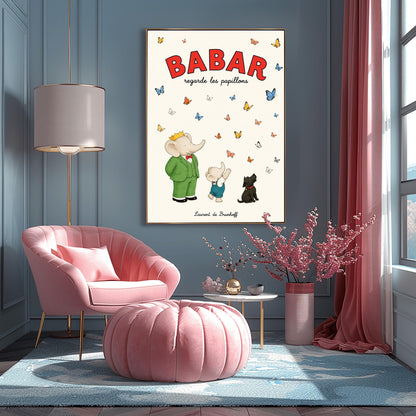 A vertical retro fine art exhibition poster titled "BABAR regarde les papillons" on a wide cream border. The top "BABAR" text is printed in a bold red font. The illustration shows an elephant wearing a crown and green suit standing next to a smaller elephant reaching up toward a sky filled with dozens of colorful blue, yellow, orange, and white butterflies. A small black dog sits patiently on the ground looking up at them. The name "Laurent de Brunhoff" anchors the bottom.