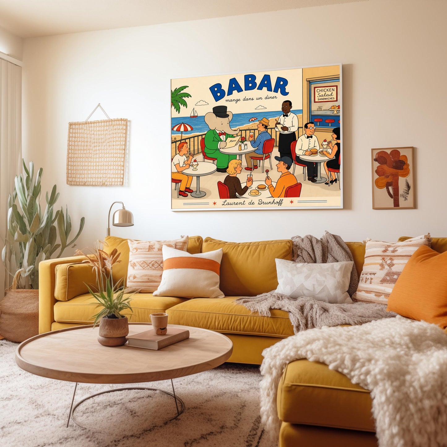 A bright 1950s-style illustration poster titled "BABAR mange dans un diner" in bold blue and black script. The scene shows an outdoor diner balcony overlooking a sandy beach and blue ocean with a sailboat. On the left, the cartoon elephant King Babar sits at a round white table in a green suit and top hat, reading a menu. Several other patrons are seated at tables on red chairs eating burgers and ice cream sundaes, while a waiter in a bowtie takes notes.