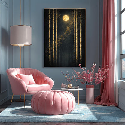 A vertical Art Nouveau-style illustration of six slender birch trees against a dark, velvety sky. A golden moon with swirling patterns sits at the top, and a diagonal trail of shimmering golden stardust flows through the center. The trees have textured, golden mosaic patterns on their bark.