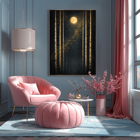 A vertical Art Nouveau-style illustration of six slender birch trees against a dark, velvety sky. A golden moon with swirling patterns sits at the top, and a diagonal trail of shimmering golden stardust flows through the center. The trees have textured, golden mosaic patterns on their bark.