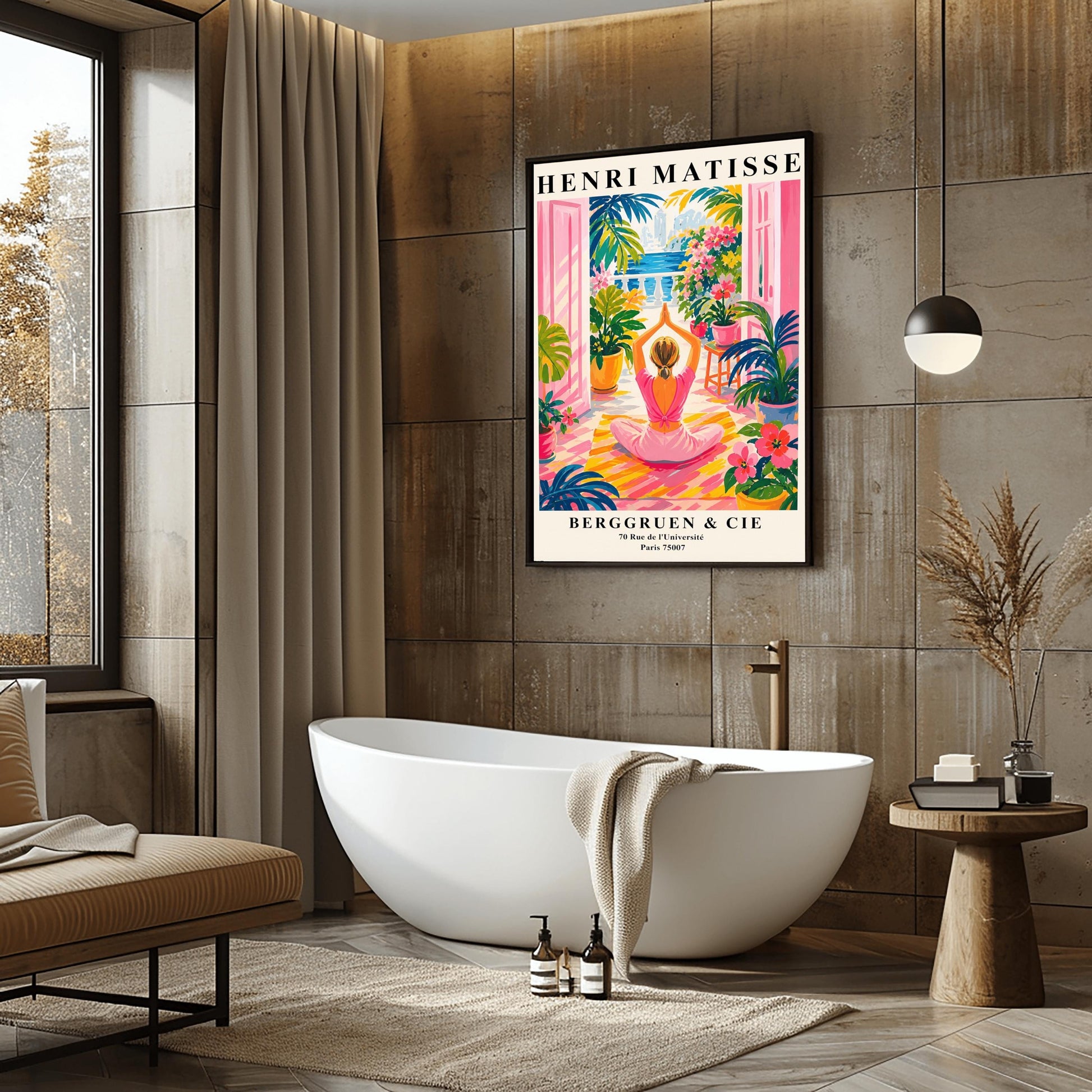 A vertical maximalist art print styled as a Henri Matisse exhibition poster. A woman with blonde hair tied back is seen from behind, sitting on a yellow-and-orange striped yoga mat in a yoga pose with her hands joined above her head. She faces open pink French doors that lead to a balcony with a view of a blue sea and a distant city. The terrace is filled with vibrant pink flowers, large green tropical plants in yellow pots, and a small wooden stool.