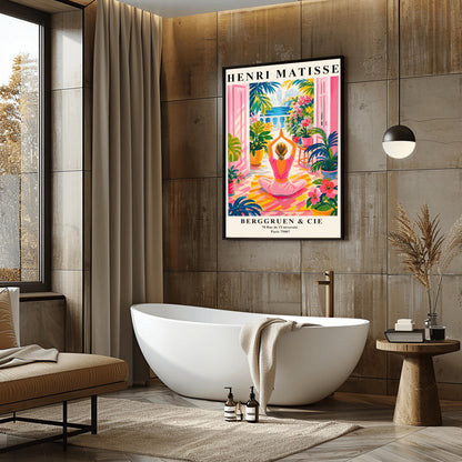 A vertical maximalist art print styled as a Henri Matisse exhibition poster. A woman with blonde hair tied back is seen from behind, sitting on a yellow-and-orange striped yoga mat in a yoga pose with her hands joined above her head. She faces open pink French doors that lead to a balcony with a view of a blue sea and a distant city. The terrace is filled with vibrant pink flowers, large green tropical plants in yellow pots, and a small wooden stool.