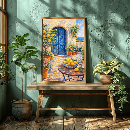 A vertical painterly illustration of a sun-drenched Mediterranean courtyard with a large arched blue door. A table in the foreground holds a bowl of lemons and a cup of coffee. Terracotta pots with flowers and a lemon tree surround the stone patio, with a view of the blue sea in the background.