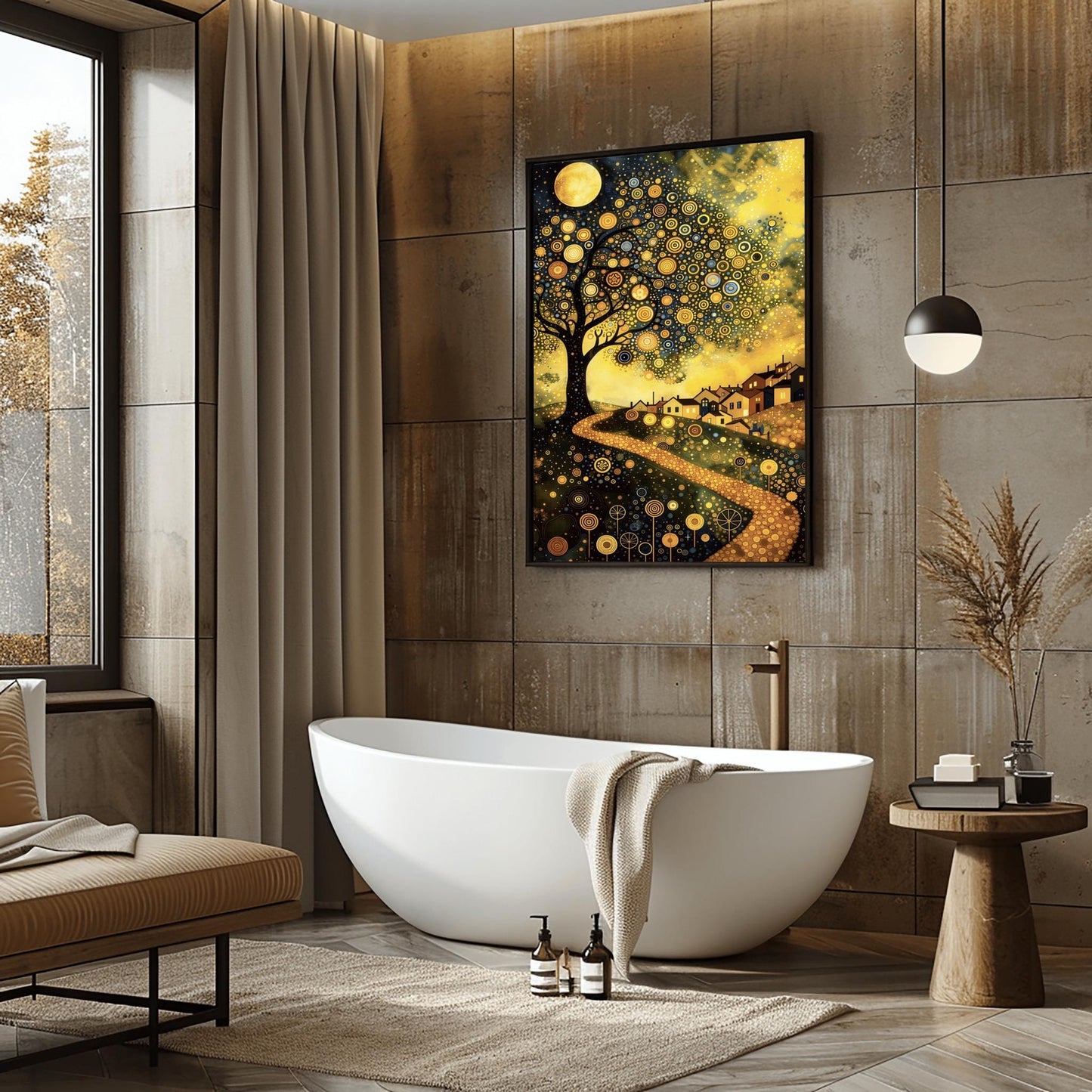 A vertical fine art painting in the style of Gustav Klimt. A large tree on the left is covered in golden concentric circles and spirals. A golden, mosaic-textured path winds through dark hills toward a village with lit windows under a full moon. The sky is dark blue with swirling golden stardust patterns. The foreground is decorated with stylized golden flowers.