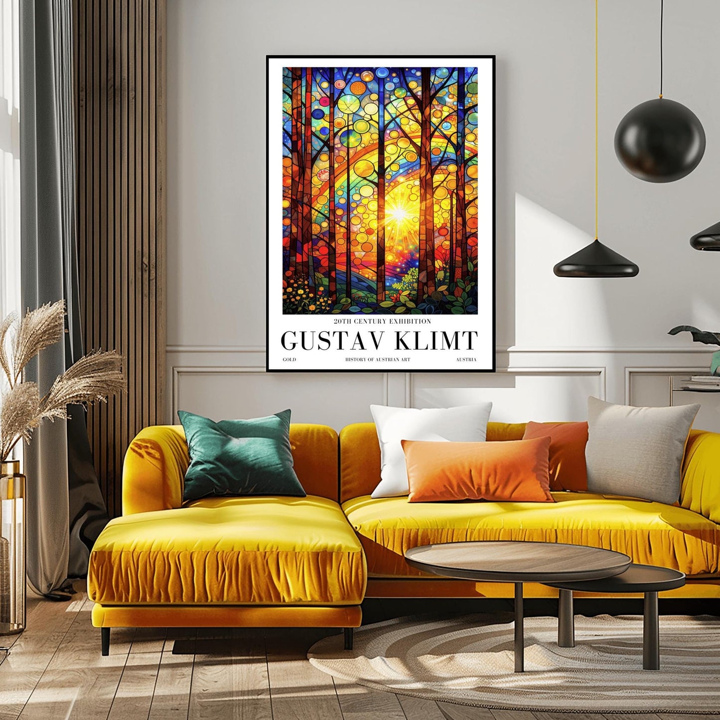A vertical museum exhibition poster in the style of Gustav Klimt. A bright sun radiates light through a forest where the leaves are represented by colorful circles resembling stained glass. The foreground features detailed flowers and leaves. Bold black text at the bottom reads "GUSTAV KLIMT" and "HISTORY OF AUSTRIAN ART."
