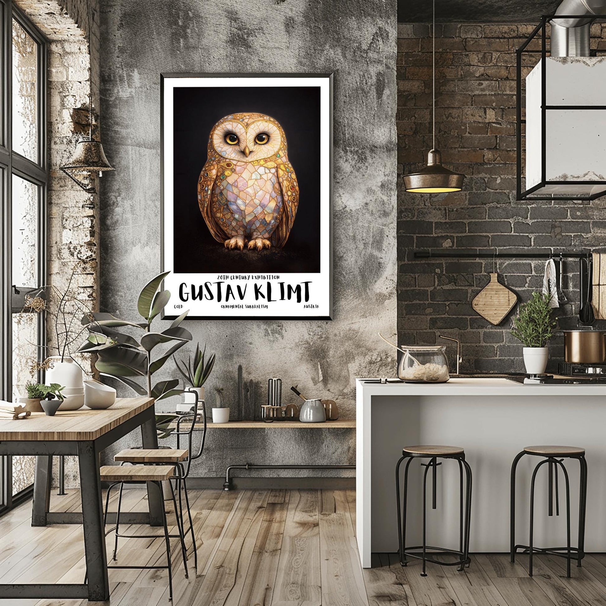A vertical full-bleed illustration of a barn owl in the style of Gustav Klimt. The owl's body is a complex mosaic of gold, cream, and iridescent pastel tiles with small colorful gemstones embedded in the wings. It has large dark eyes and stands against a solid black background.