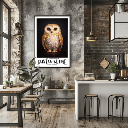 A vertical full-bleed illustration of a barn owl in the style of Gustav Klimt. The owl's body is a complex mosaic of gold, cream, and iridescent pastel tiles with small colorful gemstones embedded in the wings. It has large dark eyes and stands against a solid black background.