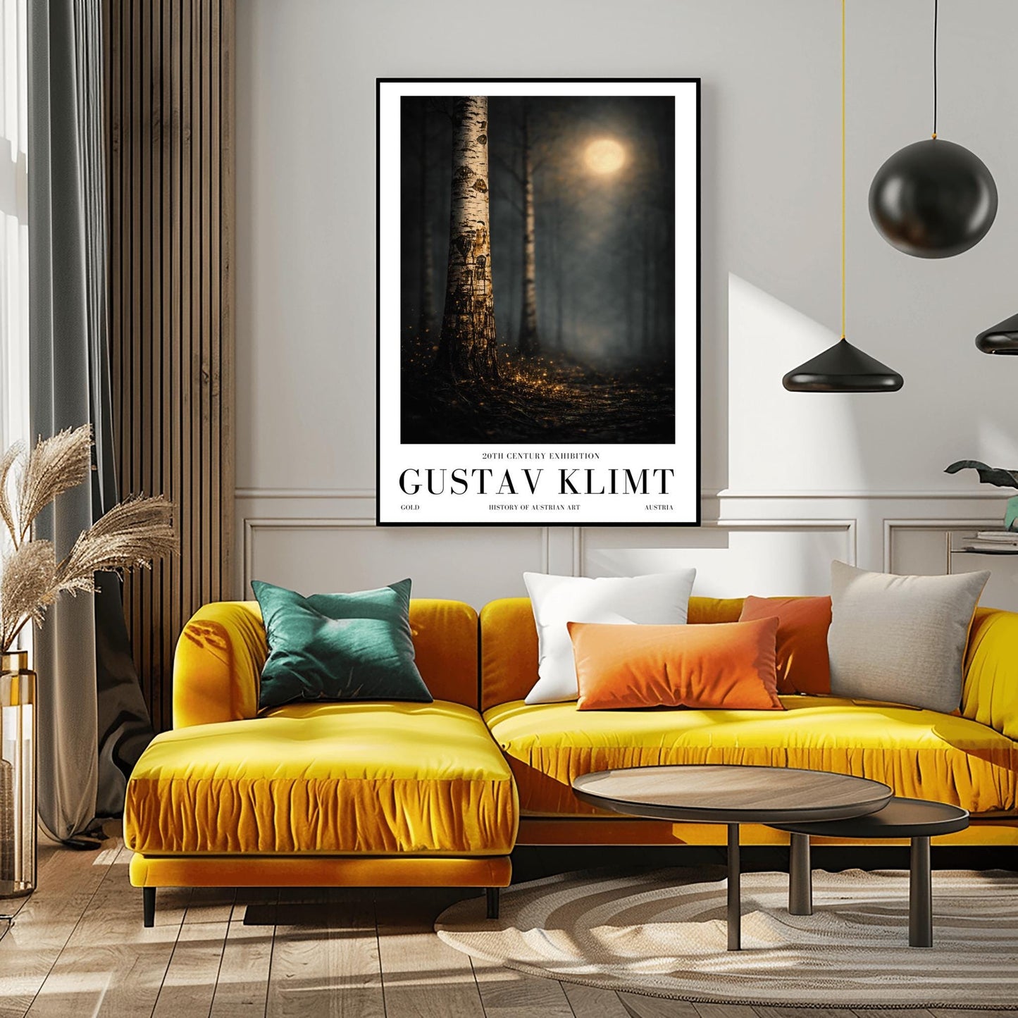 A vertical Art Nouveau illustration of a close-up birch tree trunk. The bark is covered in golden mosaic-like patterns and shimmering cracks. A soft, out-of-focus golden moon glows in a dark, misty forest background, and the ground is covered in glowing golden embers.