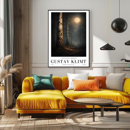 A vertical Art Nouveau illustration of a close-up birch tree trunk. The bark is covered in golden mosaic-like patterns and shimmering cracks. A soft, out-of-focus golden moon glows in a dark, misty forest background, and the ground is covered in glowing golden embers.