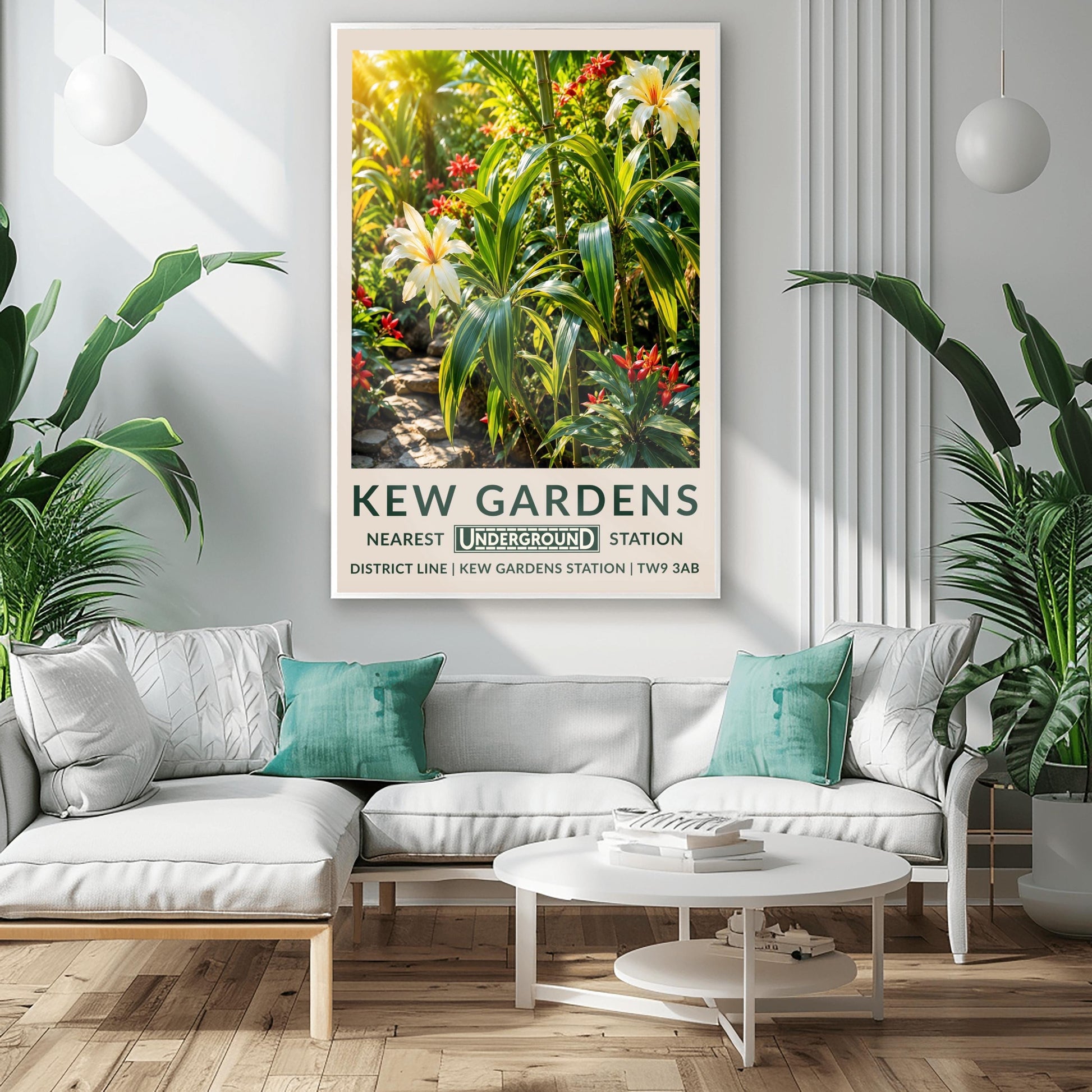A vertical retro London Underground travel poster for Kew Gardens on a wide cream border. The top image shows a lush, sun-drenched illustration of a tropical jungle interior. In the foreground are large variegated green-and-yellow striped leaves and green bamboo stalks, accented by two large, cream-colored lilies with yellow and orange centers. Small, pointed crimson red flowers are scattered throughout the dense greenery, and a stepping-stone path is visible on the lower left.