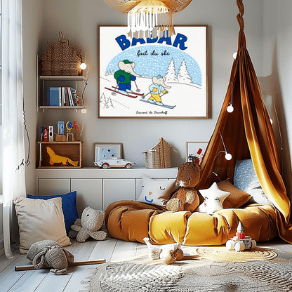 A horizontal children's art print featuring two cartoon elephants skiing down a white hill from left to right. The larger elephant, Babar, is in a green jacket with red skis. The smaller elephant is in a light blue jacket with blue skis. A large blue arch in the background represents a sky filled with white snow. Bold blue text at the top reads "BABAR" and script text below it says "fait du ski." The name "Laurent de Brunhoff" is centered at the bottom.
