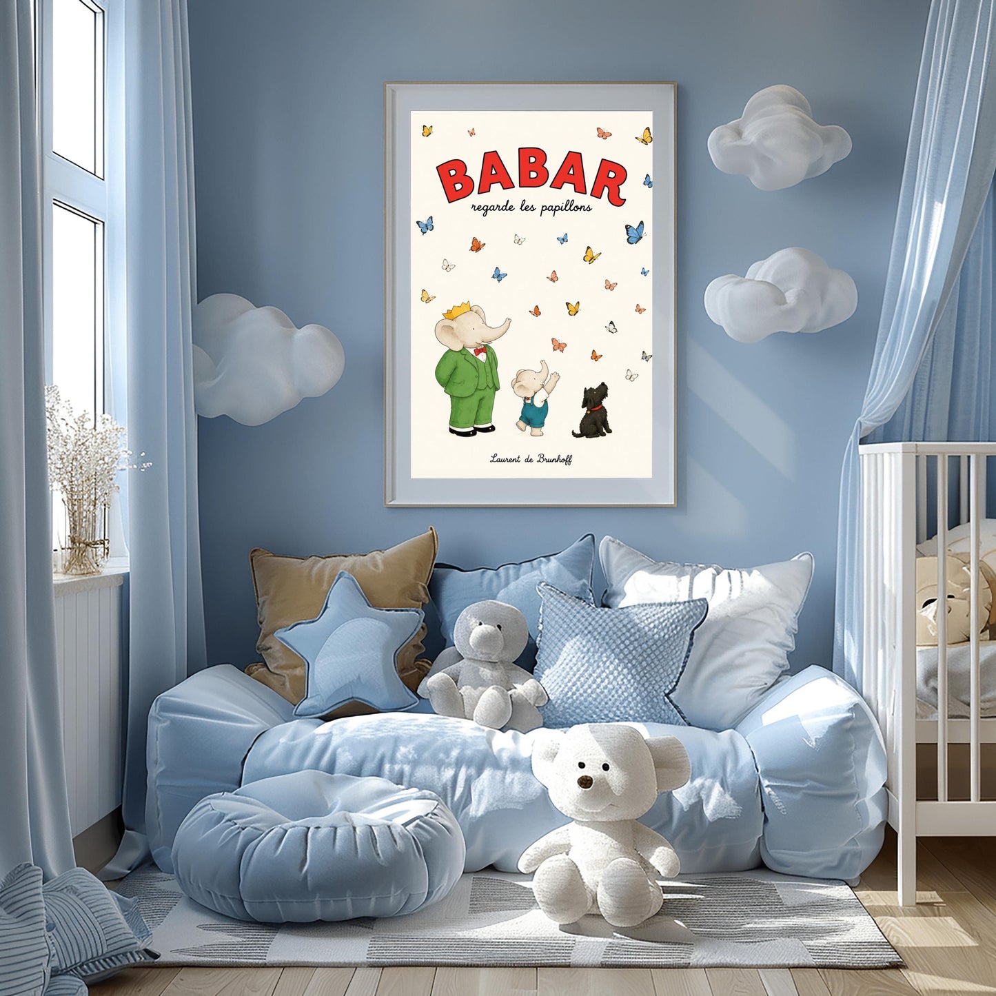 A vertical retro fine art exhibition poster titled "BABAR regarde les papillons" on a wide cream border. The top "BABAR" text is printed in a bold red font. The illustration shows an elephant wearing a crown and green suit standing next to a smaller elephant reaching up toward a sky filled with dozens of colorful blue, yellow, orange, and white butterflies. A small black dog sits patiently on the ground looking up at them. The name "Laurent de Brunhoff" anchors the bottom.