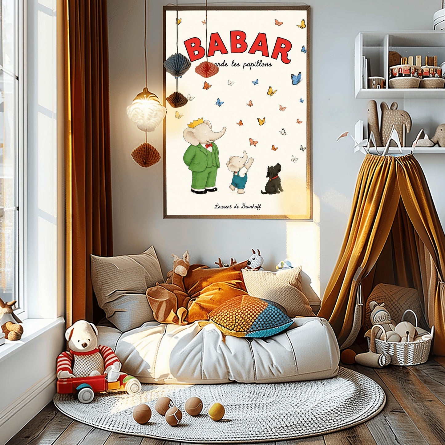 A vertical retro fine art exhibition poster titled "BABAR regarde les papillons" on a wide cream border. The top "BABAR" text is printed in a bold red font. The illustration shows an elephant wearing a crown and green suit standing next to a smaller elephant reaching up toward a sky filled with dozens of colorful blue, yellow, orange, and white butterflies. A small black dog sits patiently on the ground looking up at them. The name "Laurent de Brunhoff" anchors the bottom.