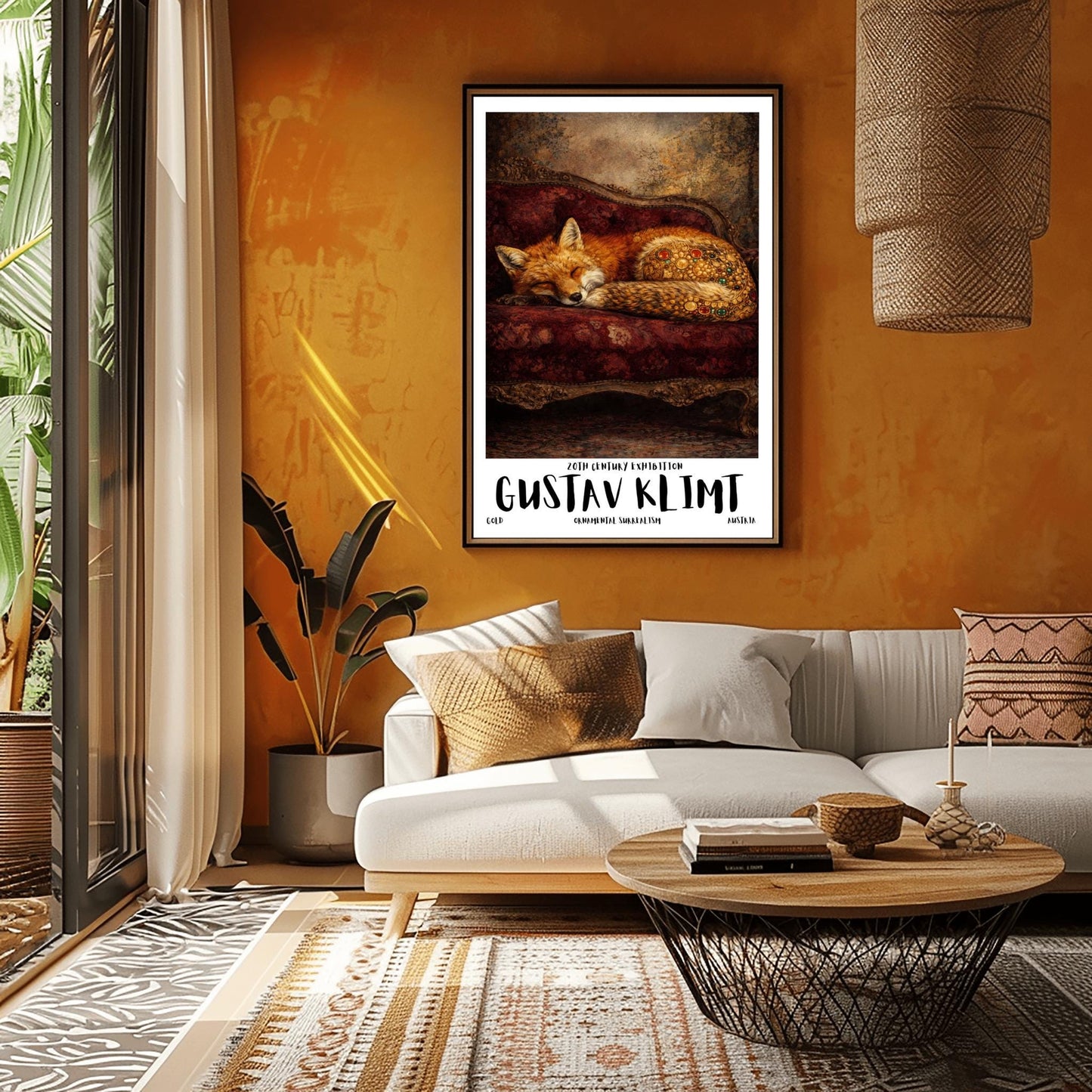 A vertical exhibition poster for Gustav Klimt featuring a red fox sleeping on a dark crimson velvet antique sofa. The fox's haunches are covered in golden mosaic flowers and jewels. Bold text at the bottom reads "GUSTAV KLIMT" and "Ornamental Surrealism."