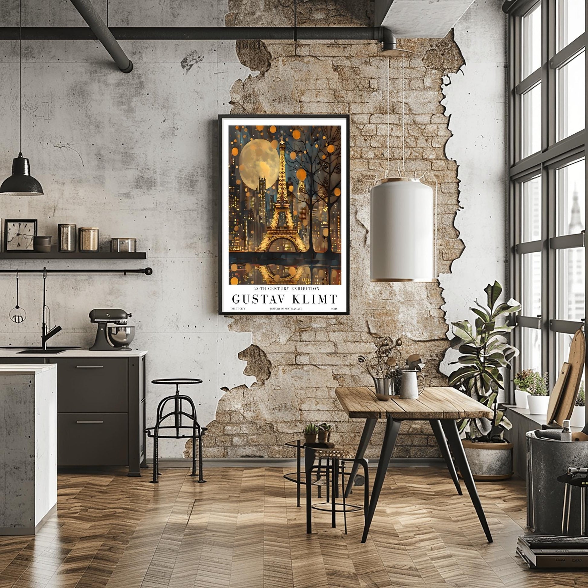 A vertical museum exhibition poster featuring the Eiffel Tower in Paris at night in the style of Gustav Klimt. The tower and city buildings glow in textured gold against a dark blue sky with a large, golden moon. Below the image, bold black text reads "GUSTAV KLIMT" and "20TH CENTURY EXHIBITION" against a white border.