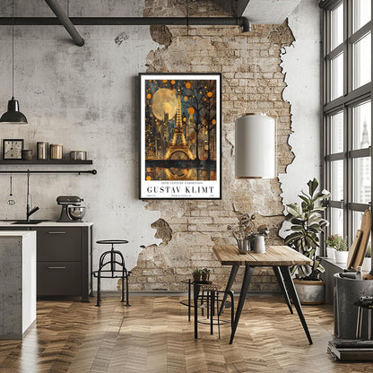 A vertical museum exhibition poster featuring the Eiffel Tower in Paris at night in the style of Gustav Klimt. The tower and city buildings glow in textured gold against a dark blue sky with a large, golden moon. Below the image, bold black text reads "GUSTAV KLIMT" and "20TH CENTURY EXHIBITION" against a white border.
