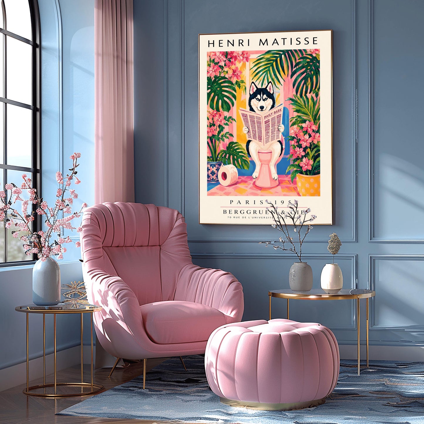 A vertical vintage-style art exhibition poster titled "HENRI MATISSE" at the top and "PARIS 1953 BERGGRUEN & CIE" at the bottom,. The center illustration shows a black-and-white Siberian Husky with blue eyes sitting on a pink toilet in a bright pink and yellow bathroom, reading a newspaper titled "DAILY BARK". The scene is framed by large green tropical leaves, bright pink flowers, a blue-and-white patterned planter, and a roll of toilet paper on the floor.
