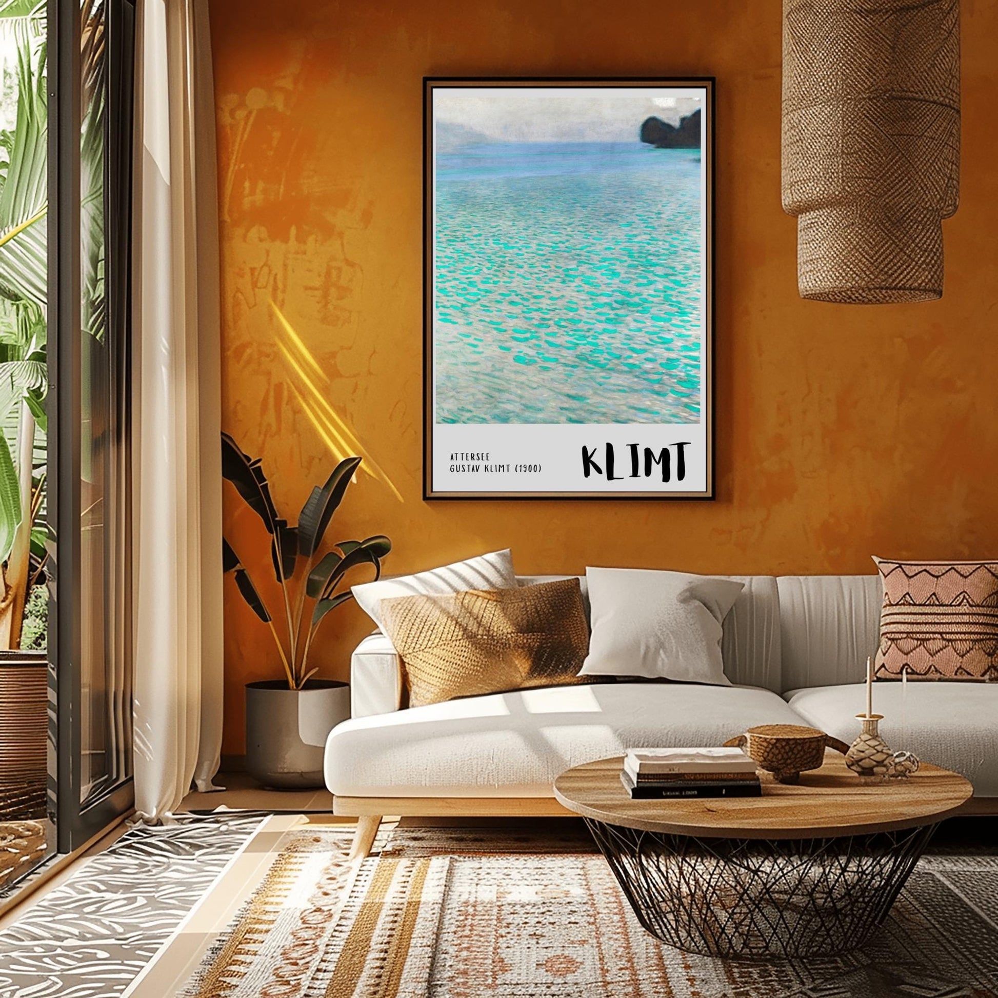 A vertical museum exhibition poster featuring Gustav Klimt's 1900 landscape painting "Attersee." The image depicts a close-up, shimmering view of a turquoise lake with a small dark island in the top right. The bottom border is soft grey with bold black text reading "ATTERSEE" and "KLIMT."