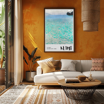 A vertical museum exhibition poster featuring Gustav Klimt's 1900 landscape painting "Attersee." The image depicts a close-up, shimmering view of a turquoise lake with a small dark island in the top right. The bottom border is soft grey with bold black text reading "ATTERSEE" and "KLIMT."