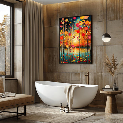 A vertical oil painting in the style of Gustav Klimt. Slender birch trees stand in the foreground of a calm turquoise lake. A soft, glowing sun is centered on the horizon, reflecting in the water. The trees are decorated with floating, circular mosaic leaves in vibrant shades of red, orange, and yellow. The style is highly textured with decorative patterns throughout the sky and water.