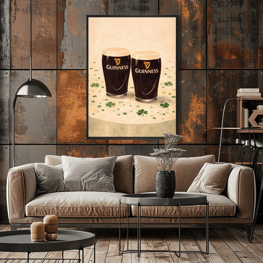 A vertical illustration of two pints of Guinness stout sitting side-by-side on a light cream surface. Green shamrocks and confetti are scattered around the base of the glasses. The pints feature the golden harp logo. The overall style is painterly and warm.